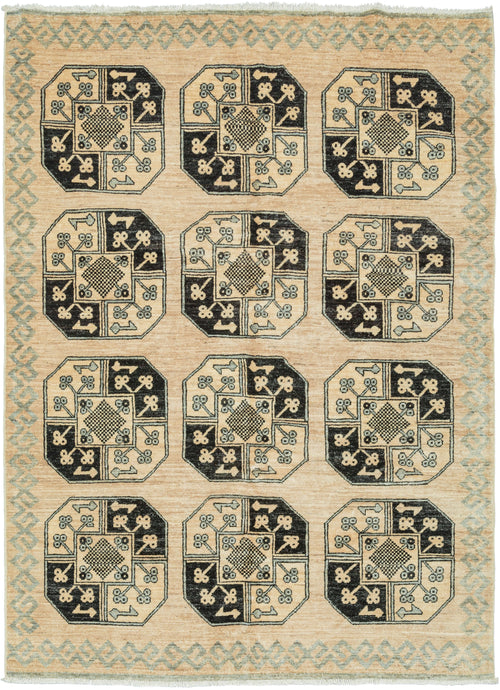 This Ersari Turkmen style rug was woven during the 21st century in Northern Afghanistan.  It features a simplified pattern of classic Ersari Turkmen guls in black and turqoise on an expansive cream ground. The composition is framed a simple and unreconciled turquoise rams horn meander border.  Woven in Sherbeghan in the same region that the Ersari Turkmen have been weaving a variation of this pattern for at least the last few centuries.  