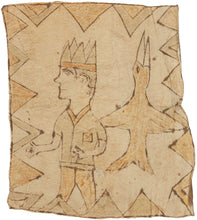 A painted bark cloth attributed to the Ticuna people of the Amazon region, likely from the mid 20th century. The cloth is decorated with a striking figural composition, showing a crowned human figure beside a large bird form, framed by a border of angular geometric motifs.

Ticuna bark cloths are made from beaten inner bark and painted with natural pigments. Unlike the more abstract rhythmic surfaces of Mbuti bark cloths from Central Africa, Ticuna examples often include figural imagery connected to myth, r