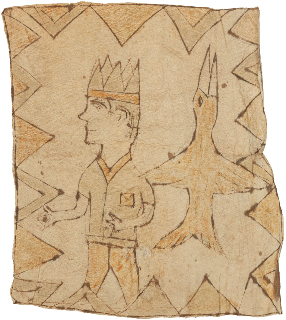 A painted bark cloth attributed to the Ticuna people of the Amazon region, likely from the mid 20th century. The cloth is decorated with a striking figural composition, showing a crowned human figure beside a large bird form, framed by a border of angular geometric motifs.

Ticuna bark cloths are made from beaten inner bark and painted with natural pigments. Unlike the more abstract rhythmic surfaces of Mbuti bark cloths from Central Africa, Ticuna examples often include figural imagery connected to myth, r