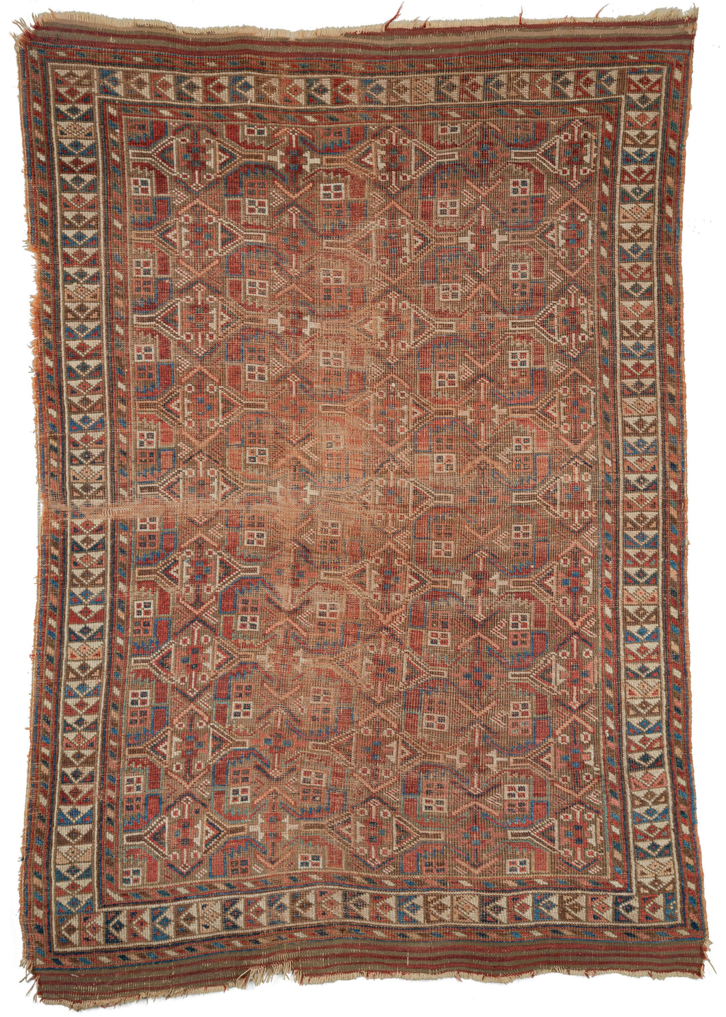 Antique Kerman area Baluch rug featuring patterning more common in nearby Afshar production. The field features an all-over abstraction of the classic Herati design rendered in blues, reds, purples, coral, and ivory on an oxidized brown ground. The major and minor borders are very graphic as well and it is here where colors shine most. Some of the original kilim ends remain intact.