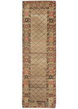 This Camel Hair Bidjar Runner features a simple yet stunning thin diamond lattice on a camel ground. The lattice pattern utilized a brown that has oxidized giving the rug an unintended but wonderful dimensionality as if it was etched in. The ground is woven of various lots of undyed camel wool fields which undulates organically and is quite calming. The main border features pelt-like devices in various browns, reds, green,s and blue flanked by diagonal striped minor borders filled with an "s" like motif.