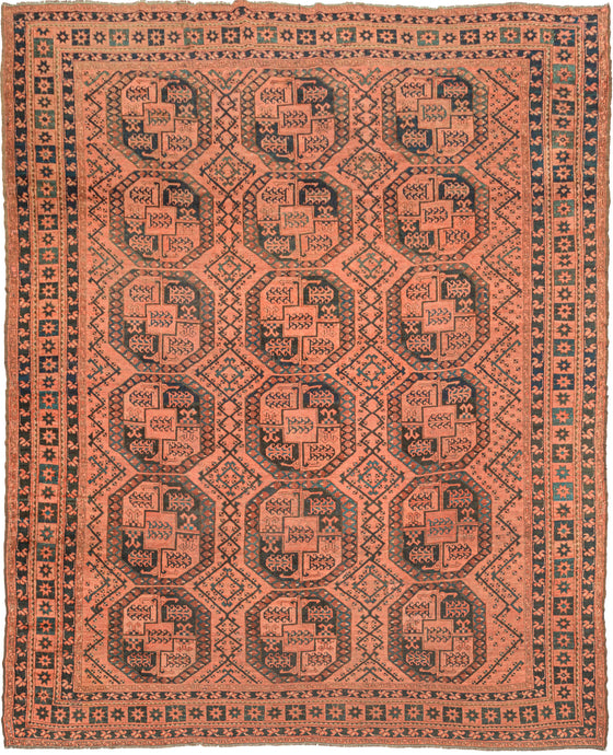 This Ersari Turkmen rug was woven during the first quarter of the 20th century in Northern Afghanistan.  It features a traditional Ersari gül design with a soft palette of turqoise and indigo on a soft and faded brick red ground with accents of natural undyed brown and ivory wool. More skeletal and interconnected secondary gülsfill in the space between the main guls.