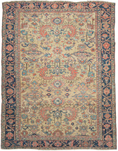 This classic Heriz features an all-over design of geometric flowers and energetic serrated leaves. Rendered in&nbsp;vibrant jewel tones with reds, coral, ivory, brown and four different blues on a rare and elegant gold ground. The meaty and full pile give the masterfully dyed wool more saturation and the rug a stronger presence. It is framed by a main border of large alternating palmettes. A real stunner!