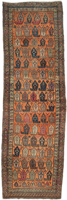 This runner was woven by Kurds at the turn of the 20th century.  It features large rows of botehs in pink, purple, blue, ivory and brown on a vibrant orange ground.  In between the botehs various vegetation, people and animals can be found. The whole is framed by two main borders of rosettes that shift in form on chocolate and pistachio grounds. The borders have moments where animals and people can be found between the rosettes. 