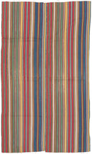 This silk jajim was handwoven in Northwest Iran by the Shahsavan during the middle of the 19th century.  This type of weaving was utilized as a bedding cover by nomads or in a village setting. This piece features rich, deeply saturated tones in bands of red, blue, yellow, green, ivory and brown. Woven in silk more finely than other we have handled or encountered. A collector's piece with exceptional dyes and materiality that is all about COLOR.  impactful piece 