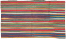 Silk jajim was handwoven in Northwest Iran by the Shahsavan during the middle of the 19th century.nomads or in a village setting. This piece features rich, deeply saturated tones in bands of red, blue, yellow, green, ivory and brown. Woven in silk more finely than other we have handled or encountered. A collector's piece with exceptional dyes and materiality that is all about COLOR. A powerful piece in the perfect size to hang on the wall as an impactful piece of art as it deserves.