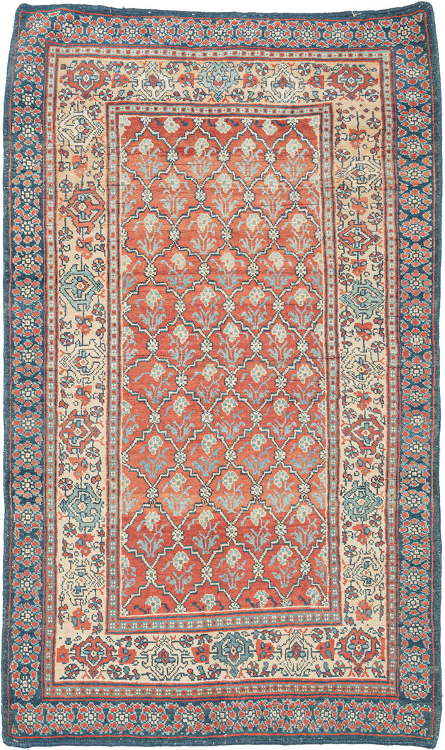 This rare cotton pile rug is a wonderful example of early 20th century weaving from India’s Deccan region, likely originating from a workshop in Hyderabad or Bidar. Though long attributed to Agra, emerging scholarship suggests that many rugs of this type, with their Persianate design vocabulary and unique structural features, reflect a broader and more diverse history of Indian carpet production beyond the colonial centers.