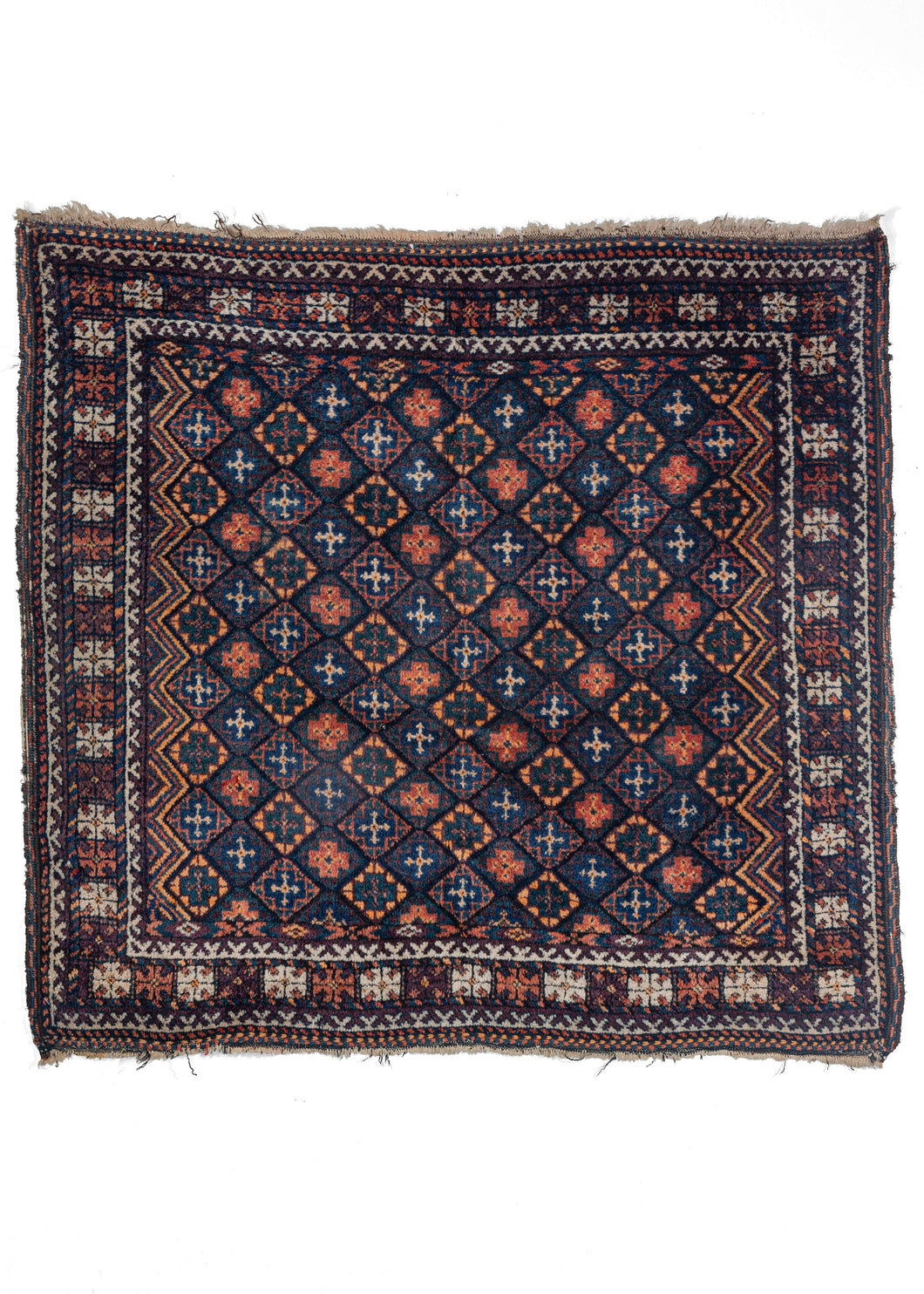 Antique Square Baluch Rug with repeating diamond pattern in deep blues and oranges