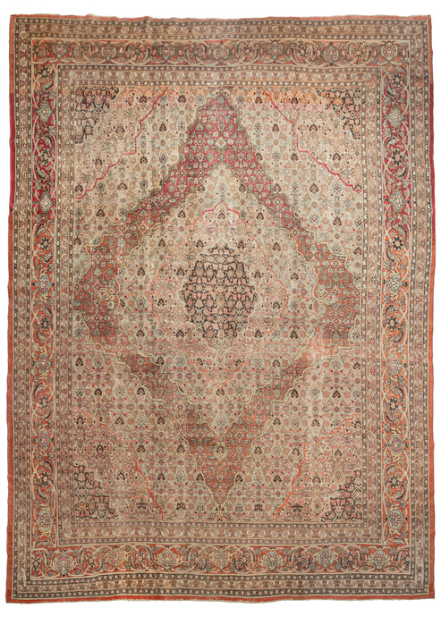 Antique Tabriz oversized rug featuring a central medallion with multiple iterations of the Herati pattern that maintains the same scale but subtly changes color combination to a great visual effect. The repeat Herati emanates in different waves from a dark brown center to soft-toned grounds of ivory, teal, and burnt orange. Four cornices work in the opposing direction and reflect color the exchange found in the center. 