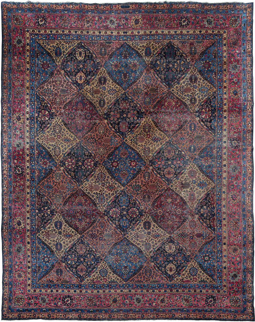 It features an elegant paneled garden design. Each compartment is filled with varied floral motifs, botehs, or medallions which create a lush and rhythmic visual field that evokes the classical Persian garden ideal.A richly detailed border of scrolling palmettes and rosettes. The finely woven construction and luminous palette of ivory, burgundy, mauve, apricot and indigo reflect the refined workshop tradition of Yazd. Which is verified by script in a cartouche which reads Makhsoos-e Yazd which roughly trans