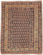 A beautifully composed Afshar rug featuring a classic allover boteh field, each sprouting motif rendered with crisp definition against a deep indigo (almost black) ground. The botehs are arranged in tightly organized rows, creating a shimmering, textile-within-textile effect that rewards close looking. Subtle shifts in dye tone animate the surface, giving the field a sense of depth and movement.

Framing the boteh lattice is a vibrant, floral border system of spiraling blossoms, stylized palmettes, and angu