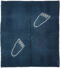 Japanese indigo-dyed ashi-negui towel with two stylized foot motifs created using rice paste resist on a deep blue ground.