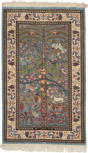 This Bezalel rug was handwoven in Israel during the late 20th century.   It features a tree of life design r. Framed by a border of alternating peacocks flanking vases. "Songs of Songs" is written in Hebrew near the bottom of the rug. "Song of Songs" is an erotic poem in the Hebrew Bible that is interpreted as an allegory that is traditionally read during Passover. Bezalel is a Jewish arts and crafts academy located in Jerusalem.