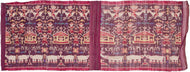 A striking Cambodian&nbsp;hol textile woven in the weft ikat technique, dating to the 1980s revival period. Against a rich plum and magenta ground, the composition features mirrored rows of apsara or court-dancer figures, stylized Angkorian temple forms, floral motifs, and bands of Khmer script identified as reading “Kampuchea.”

The imagery draws on Cambodia’s deeply rooted Angkorian visual language, translating forms associated with temple architecture and celestial dancers into silk. Rather than depictin