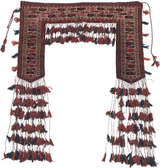 Kapanuk woven by Yomud Turkmen early 20th century in Turkmenistan.  A kapanuk is a rug meant to hang around the tent door.  main panel of meandering zoomorphic pinwheel devices and framed by various borders Wonderfully embellished of lustrous purply-pink silk and beautifully polychrome braided tassels and the inclusion of both wood and glass beads.