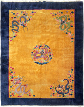 This Art&nbsp;Deco rug was handwoven in Tientsin, China during the second quarter of the 20th century.&nbsp;

This Deco rug features a central dragon surrounded by additional dragons in each of it's four corners all atop an open golden yellow ground framed by a thick unadorned navy border. The scaly and serpentine dragons come in a variety of tones and are each surrounded by colorful cloudbands which emphasize that they are in flight. In China the dragon is often depicted winglessly flying through clouds. I