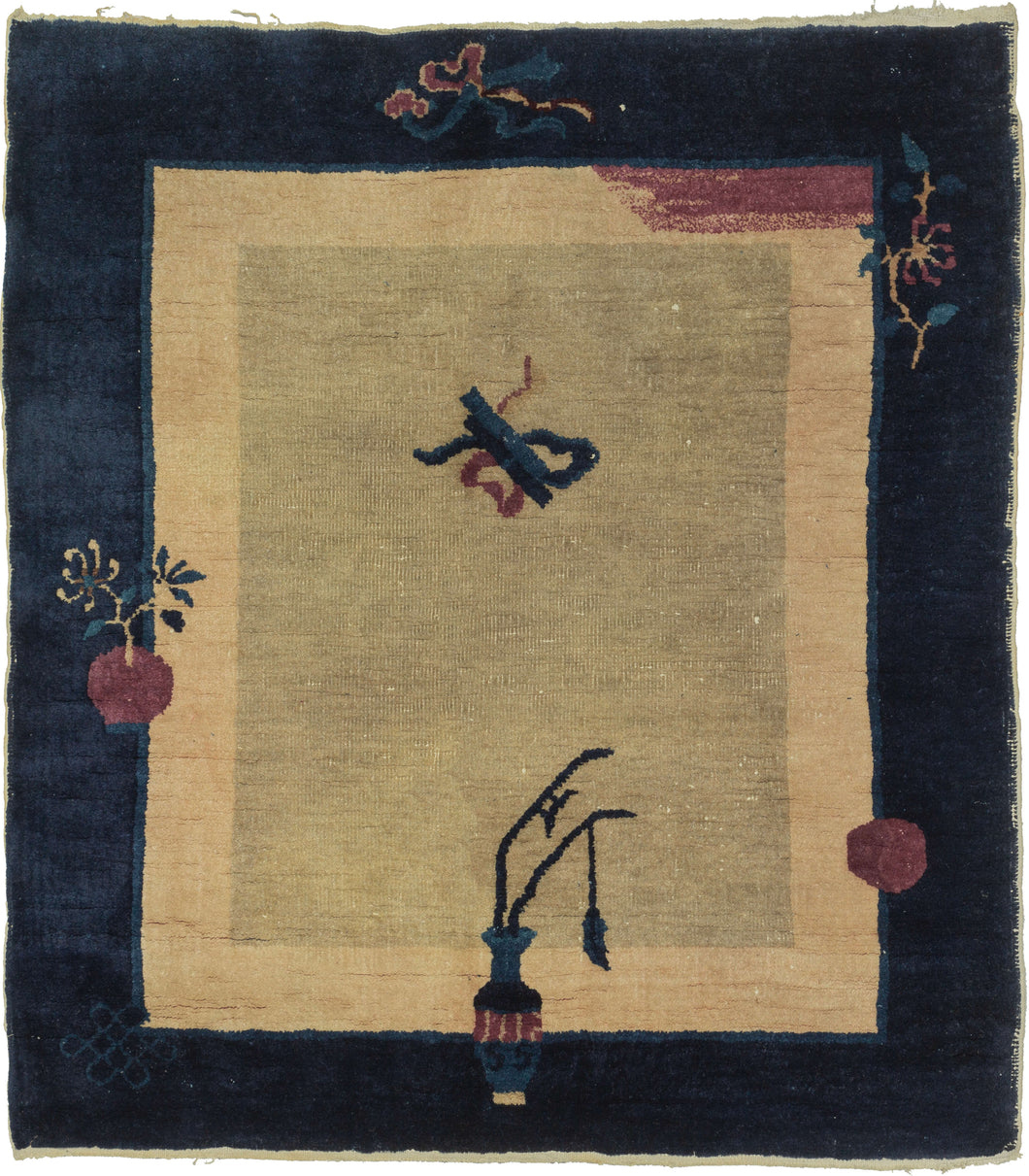 Small Ornamental Chinese Deco features an open celadon field framed by a small cream border and a wider navy border. Sparsely ornamented with a flower-filled vase, flowering branches, an orb, an eternal knot, and an interesting patch of purple that is reminiscent of a single broad brushstroke in the top right corner. Simple and straightforward with an auspicious vibe.