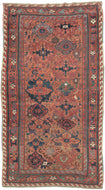 Sauj Bulagh woven by Kurds during the early 19th century. Sauj Bulaq,  proto-kurdish  Mahabad. lustrous wool, saturated tones,  blend traditional Kurdish motifs with classical Safavid era.   classical "Harshang"  Afshan.  Confronting dragons with a flaming pearl. Asymmetric, improvisational, well balanced, the independent nature of the Kurdish weavers. desirable apricot ground.  reciprocal "running-dog" or sawtoothed borders