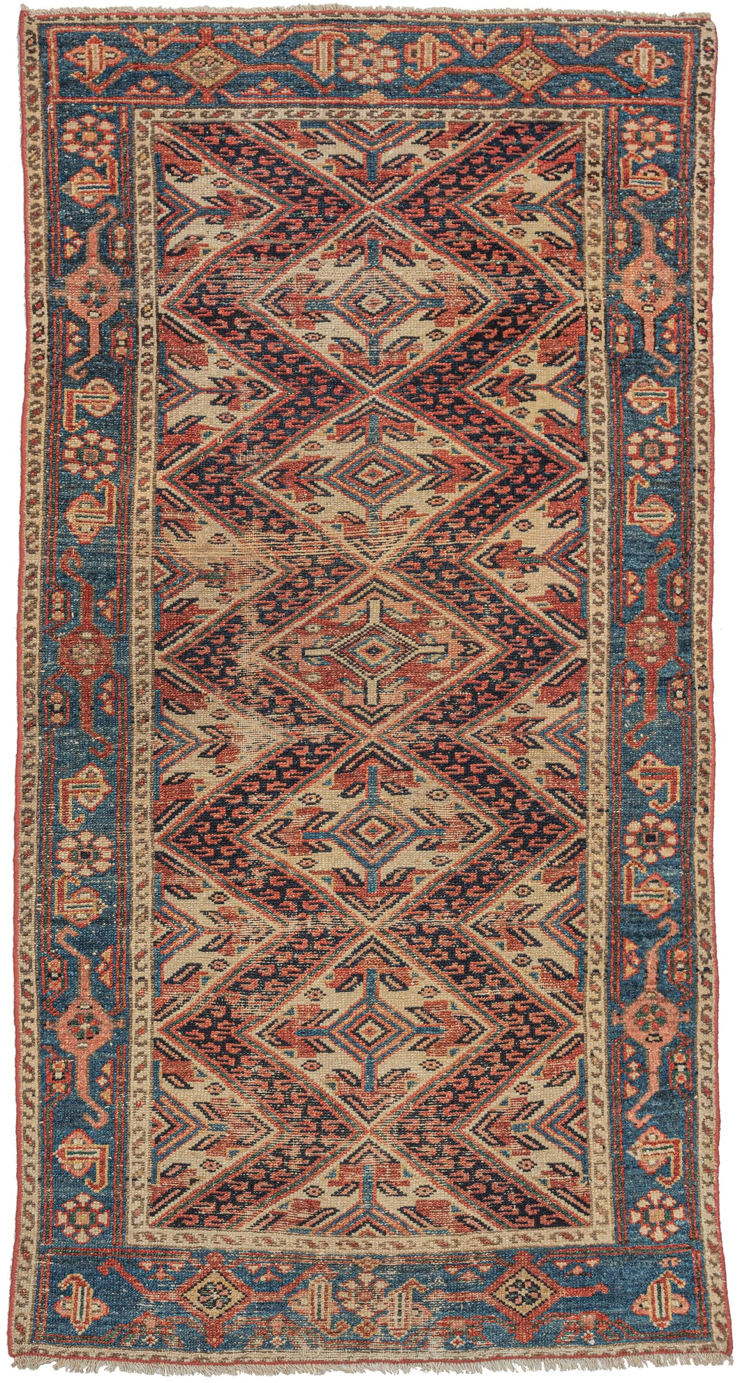 Antique Malayer small runner featuring a bright cream field with an undulating red & blue central diamond pattern. The lively field is framed by the main border of alternating long-armed palmettes and what appear to be heavily stylized butterflies or dragonflies on a stunning indigo ground. The main border is flanked by bright cream minor borders with repeating 