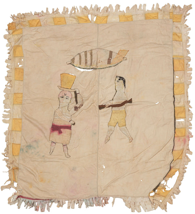This compelling Asafo flag presents a figural scene centered on a male figure marked by a tall yellow European-style top hat, a potent symbol of authority, prestige, and colonial-era power within Asafo visual culture. Rendered in hand-cut appliqué on an aged cotton ground, the figure stands in a calm, frontal pose, the exaggerated hat serving as the primary indicator of status and gender rather than naturalistic anatomy.