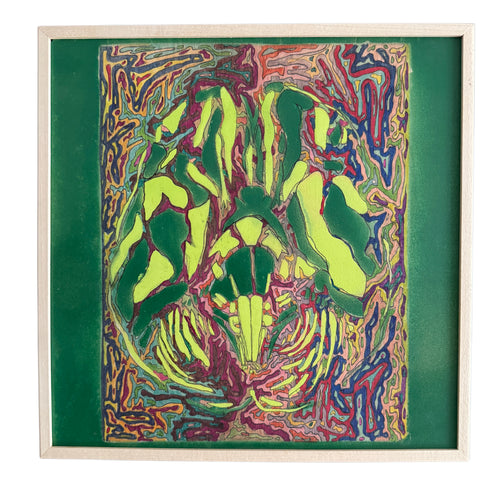 Via the artist: 

These Brain Squares are made of 12” x 12” birch plywood and are part of an ongoing project that includes both pre-planned and improvised components. This series is also informed by music. The pre-planned aspect is that all include a brain image in which I use the same two stencils and enamel spray paint, though using different combinations of colors. The background in all these pieces, is the improvised part. For that, I use colored Sharpie markers and each one is different. While I a