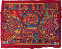 Vintage Mola cloth handmade by the Guna (previously spelled Kuna) people of Panama.  Mola is a reverse appliqué technique, similar to the technique used in quilting but using multiple layers of different-colored cloth that are first sewn together before a design is creating by cutting away different layers.   It features a Bull which is the symbol of The National Patriotic Coalition which is a right wing nationalist party. The text can be translated to " Symbols of Triumph for the Homeland"  