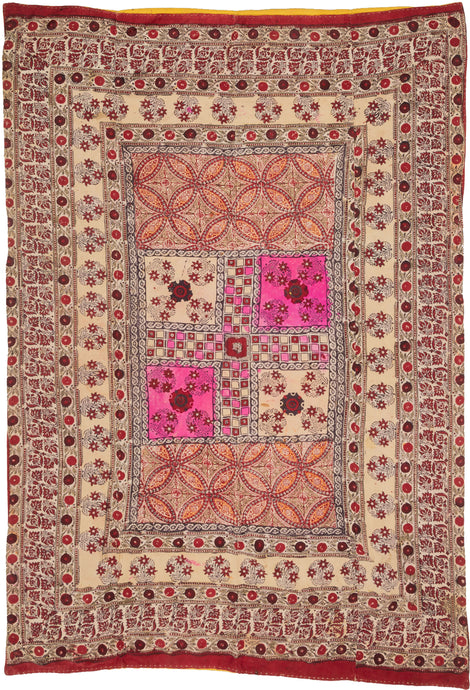 rajasthan It features various naturalistic floral motifs and squares that are made with hand drawn mordant and resist dyed cotton. In various reds and purples with sage, dutch orange and most notably a neon pink. These pieces are referred to as Jajam and often made as part of a dowry. They are used for honored guests or communally as a seat for village council members when making social and judicial decisions.
