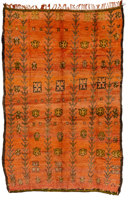 This Boujad rug was woven in the Middle Atlas mountains of Morocco during the 20th century.  It features totemic vegetal columns that alternate with various rosette like protection symbols in brown, green and  ivory on a vibrant Dutch Orange ground. Neatly framed by a thin dark brown perimeter. In rare hard to come by dimensions, a real statement piece. 