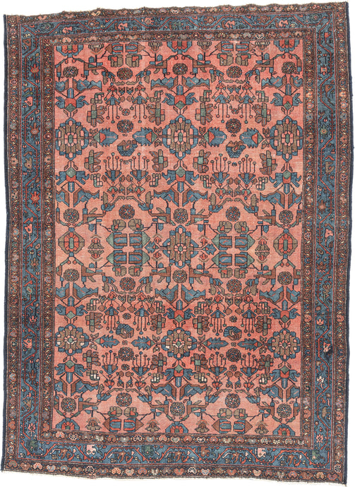 This Geometric Flower Lilihan rug utilizes graphic floral patterning with an Art Deco feel. Rendered in lively blues, greens, and red with brown and gold on a coral ground. The central blends seamlessly into the repeat field pattern. Framed by a meandering palmette border on an electric blue ground.