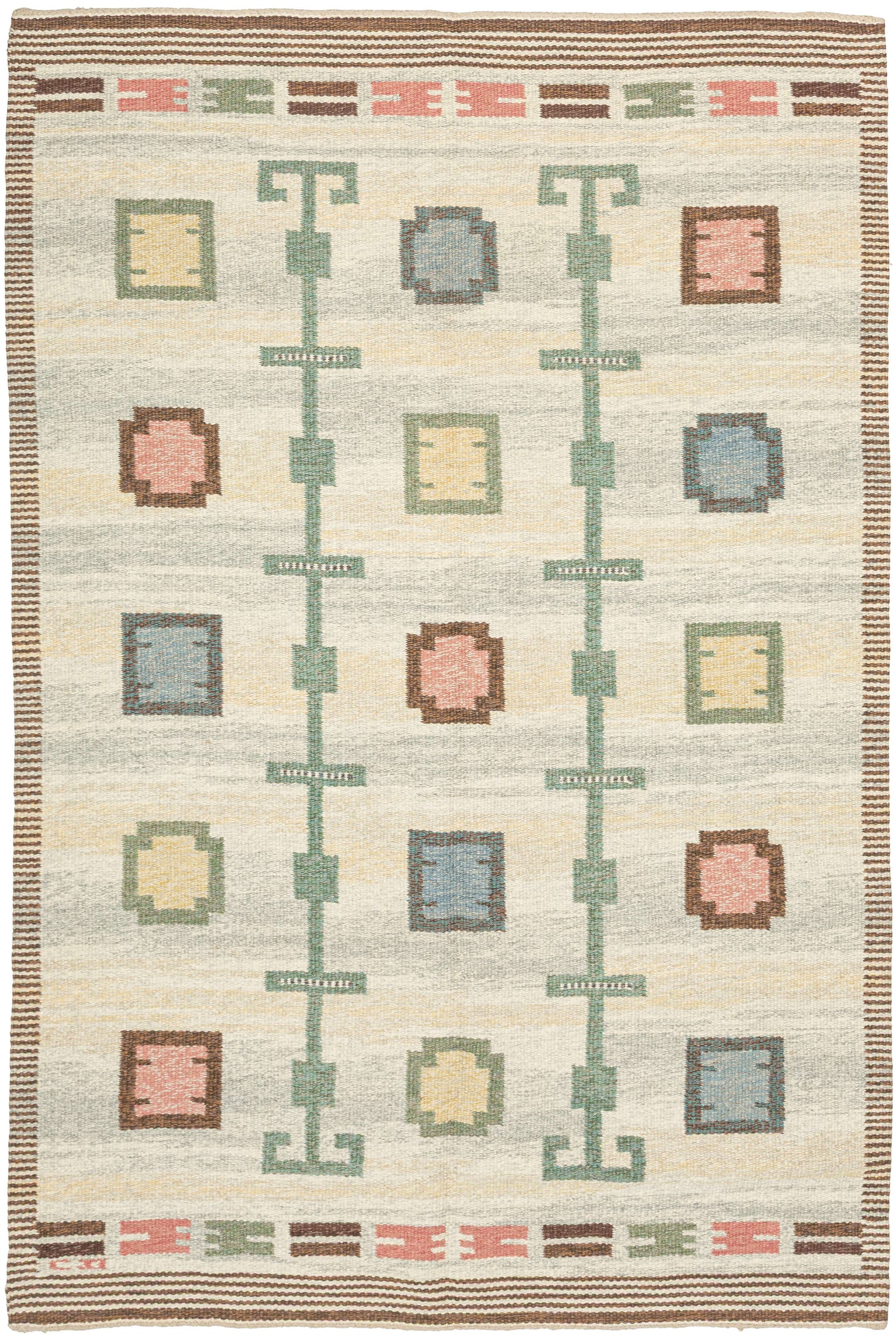 This Röllakan kilim was handwoven in Sweden during the middle of the 20th century.

It features a symmetrical layout with soft pastel shades of blue, pink, yellow, and green against an ethereal backdrop. The structured pattern of repeating squares and circles and the totemic green columns create a sense of rhythm and harmony. The background is composed of various marled yarns in ivory, yellow and a grayish green that provide wonderful depth and make the other elements appear to float above it.