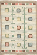 This Röllakan kilim was handwoven in Sweden during the middle of the 20th century.

It features a symmetrical layout with soft pastel shades of blue, pink, yellow, and green against an ethereal backdrop. The structured pattern of repeating squares and circles and the totemic green columns create a sense of rhythm and harmony. The background is composed of various marled yarns in ivory, yellow and a grayish green that provide wonderful depth and make the other elements appear to float above it.