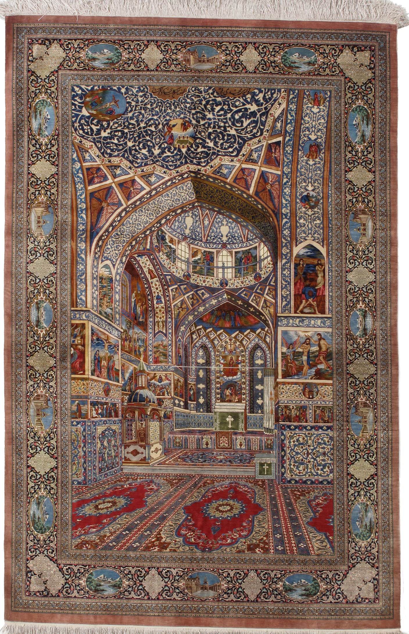 Silk masterpiece was handwoven during the late 20th century at the Mohammedi atelier in Qum, Iran. Vank Cathedral was established in 1606 following the forced relocation of nearly 500,000 Armenians to Isfahan by Shah Abbas during the Persian-Ottoman war. cacophony of colors. Mount Ararat (Մասիս) resting place of Noah's Ark. Woven by Mohammedi of Qum for Vank Church of Isfahan. Mohammedi is a renowned master weaver.