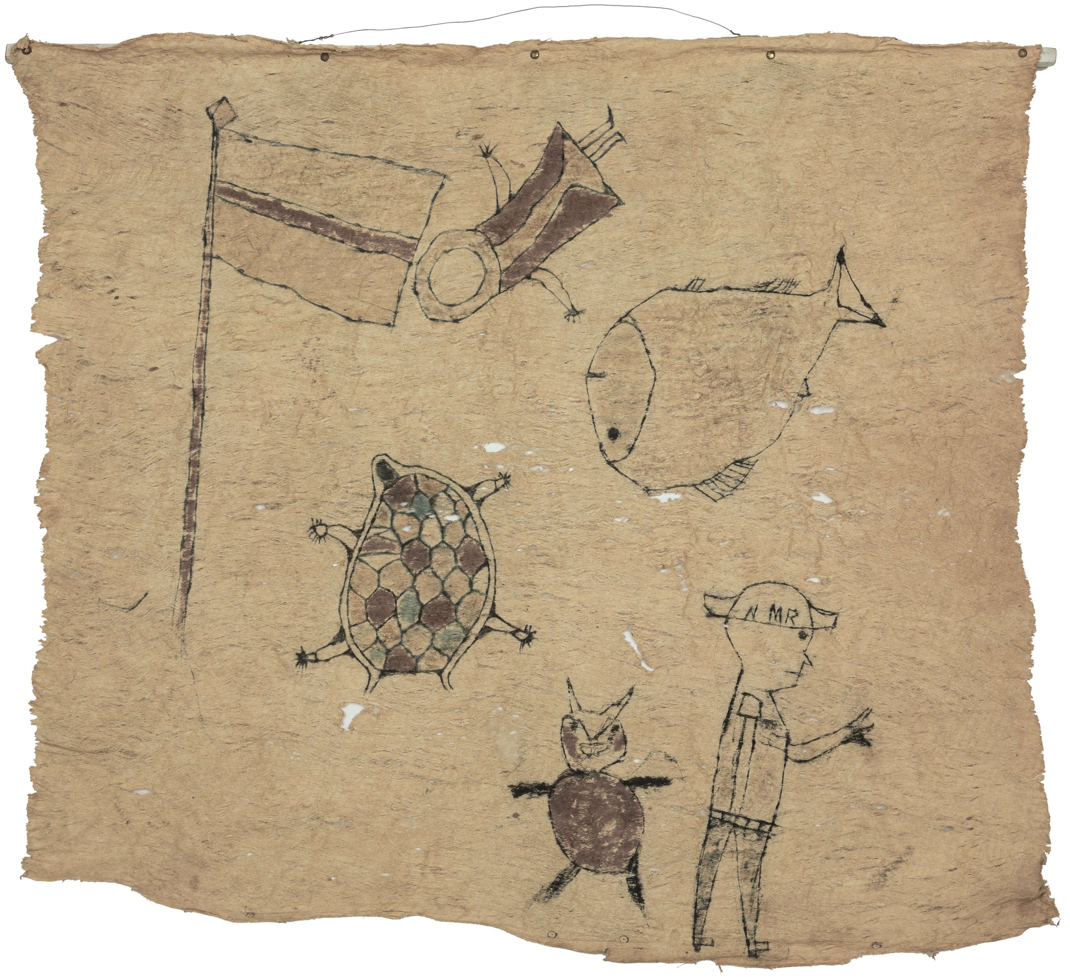 This barkcloth was made during the first half of the 20th century in New Ireland, Papau New Guinea.

This powerful barkcloth is a rare example of narrative textile art from Papua New Guinea—one that speaks in sacred symbols and cosmological sequences. Likely associated with the spiritual movements known as “cargo cults,” which emerged in response to colonial disruption, the piece tells a story not of conquest but of reversal.