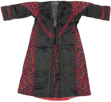 A richly embroidered Palestinian thobe from the central highlands region that includes Ramallah and Jerusalem and is distinguished by its vivid polychrome embroidery set against a dark ground and its balanced, symmetrical composition.