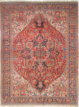 This Vibrant Heriz Rug features a geometric central medallion with vibrant jewel tones and meaty wool. A tomato-red field is complemented by deep navy, powder blue, green, gold, coral, and ivory. The four ivory cornices invigorate the rug and wonderful jewel tones add flavor to the composition. It is framed by a main border of alternating palmettes and serrated leaves. In very good condition with minimal wear for its considerable age.
