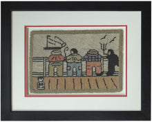 This charming vintage hooked rug captures the spirit of coastal folk art with humor and warmth. Four figures stand along a wharf, their backs turned as they watch the harbor. Each is&nbsp;rendered in bold blocks of color and outlined in black for a graphic, almost cartoon-like effect. One figure smokes a pipe, another leans casually with hands behind his back, while a small dog sits at attention in the corner. A sailboat in the distance and wisps of smoke rising into the air complete the playful seaside vig