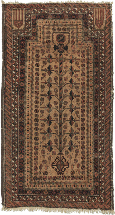 This field is composed of a directional prayer niche with a tree-of-life central motif on a desirable camel ground. The mihrab is filled with an eight pointed star and the base of the rug has various botehs and a prominent animal head motif. Wonderfully finished with two hands on the top left and top right of the rug. Baluch western afghanistan mid 19th century