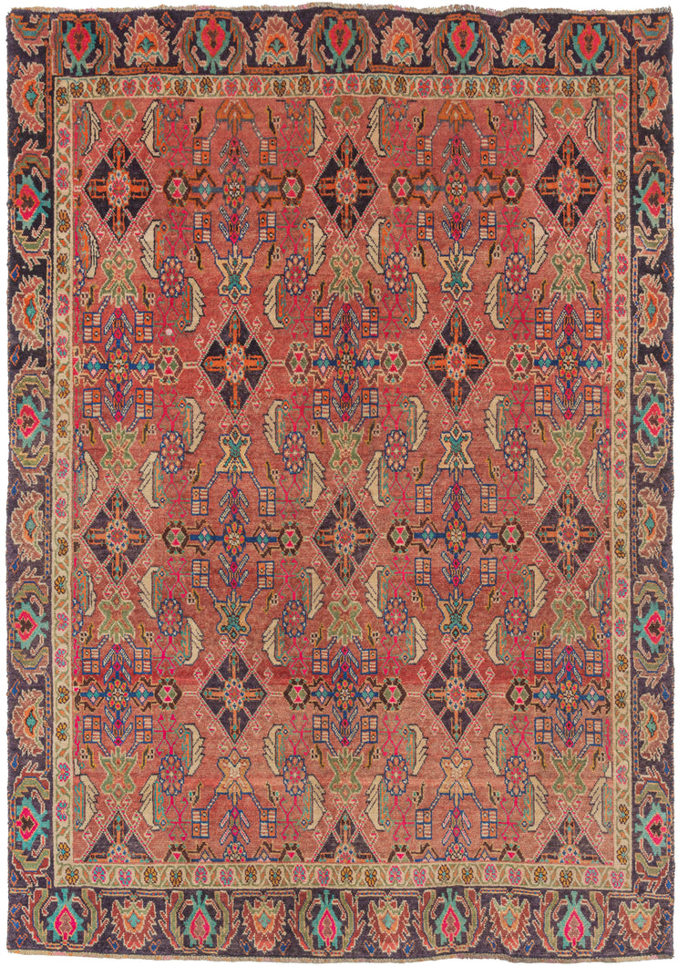This Shiraz rug was handwoven during the end of the 20th century.   This cheerful Shiraz rug features a well-balanced variation of the Herati design in a fun and fresh palette that includes turquoise, green aubergine, yellow, orange, and both hot and dusty pink on a Nantucket red ground. The whole composition is framed by a strong border of alternating palmettes and serrated leaves.