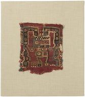 This Pre-Columbian tapestry fragment dates to the Wari period (circa 600–1000 AD) and showcases the intricate geometric abstraction that defined the visual language of the Middle Horizon Andes.

The design, executed in a fine tapestry weave, depicts a highly abstracted anthropomorphic figure with extended, angular limbs which is likely a shaman or ritual intermediary. Rendered in cochineal red, deep indigo, green, and cream, the figure exemplifies the Wari use of bold color and geometry to convey spiritual 