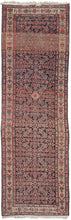 Wide soft red Persian Malayer runner featuring an allover Herati design on a deep indigo blue field. Other colors in the design are bright madder reds, light and dark browns, and soft beiges and ivories. The border is composed of a funky and unusual flower design. 