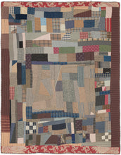This exceptional African American workwear quilt is constructed from a rich assemblage of early 20th-century utilitarian textiles, including striped and checked shirtings, plaids, chambrays, and heavier work fabrics. Pieced from worn garments and household cloth, the composition reflects a resourceful and deeply personal approach to textile reuse, where material scarcity gave rise to striking visual complexity.