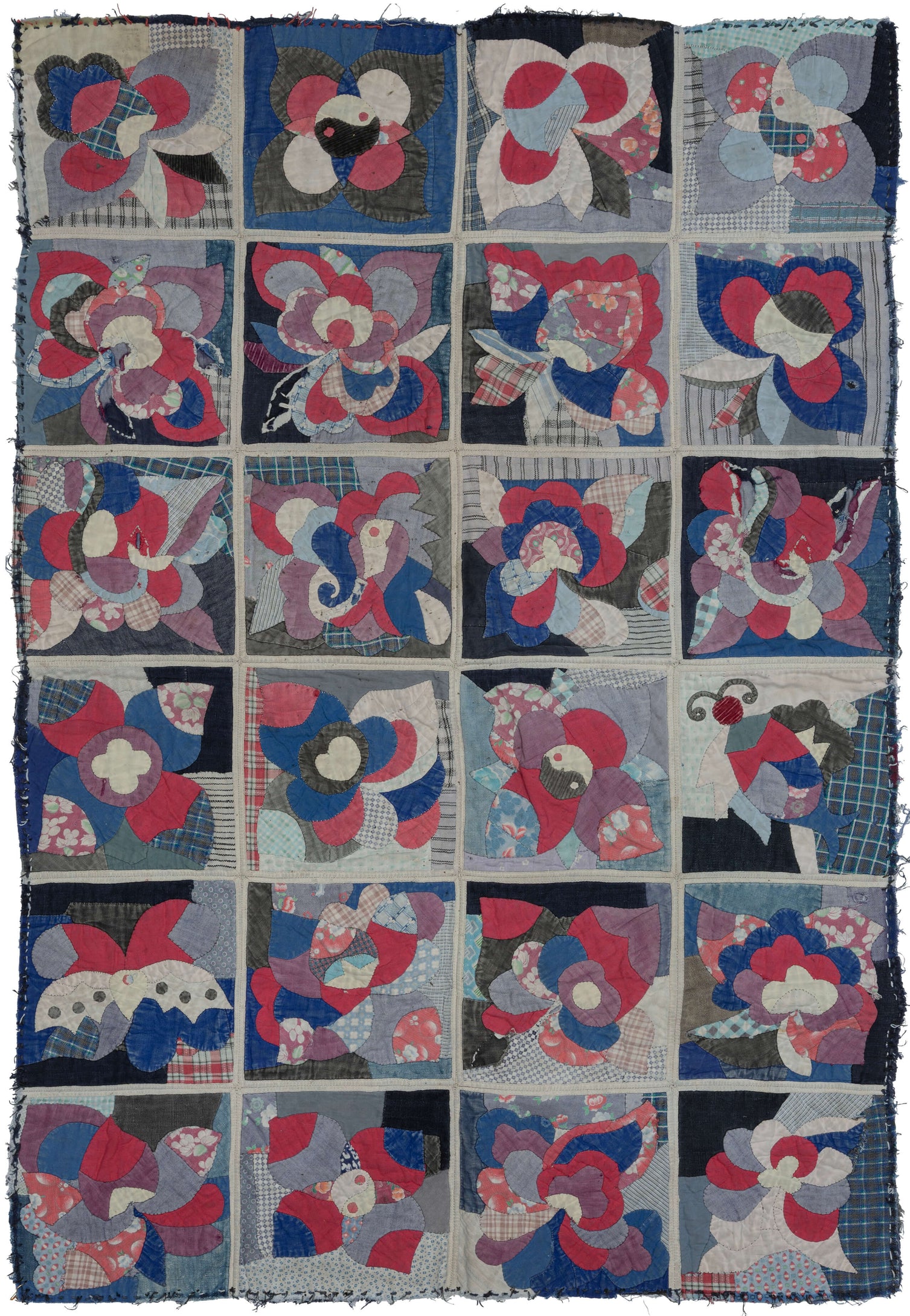 Buyi quilt cover with gridded cotton panels featuring abstract floral, yin-yang, and butterfly motifs in blues, reds, and patterned fabrics, with visible hand stitching and wear.