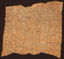 A finely painted bark cloth by the Mbuti people of the Democratic Republic of Congo, dating to the mid 20th century. The cloth is decorated with a dense, rhythmic field of linear motifs, geometric divisions, and abstract forms painted in dark pigment across the warm natural bark fiber ground.

Mbuti bark cloths are closely associated with the Ituri Forest, where the visual language of these works is often understood in relation to the surrounding environment. Rather than being read as fixed symbols in a lit