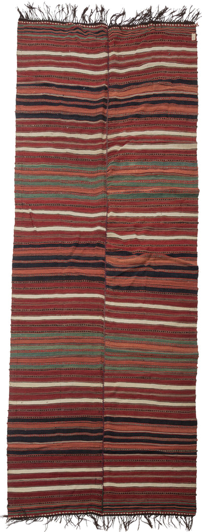 19th century Kurdish kilim runner from northwest with narrow horizontal stripes in red, ivory, brown, indigo, and green, with fine patterned bands and visible panel seams.
