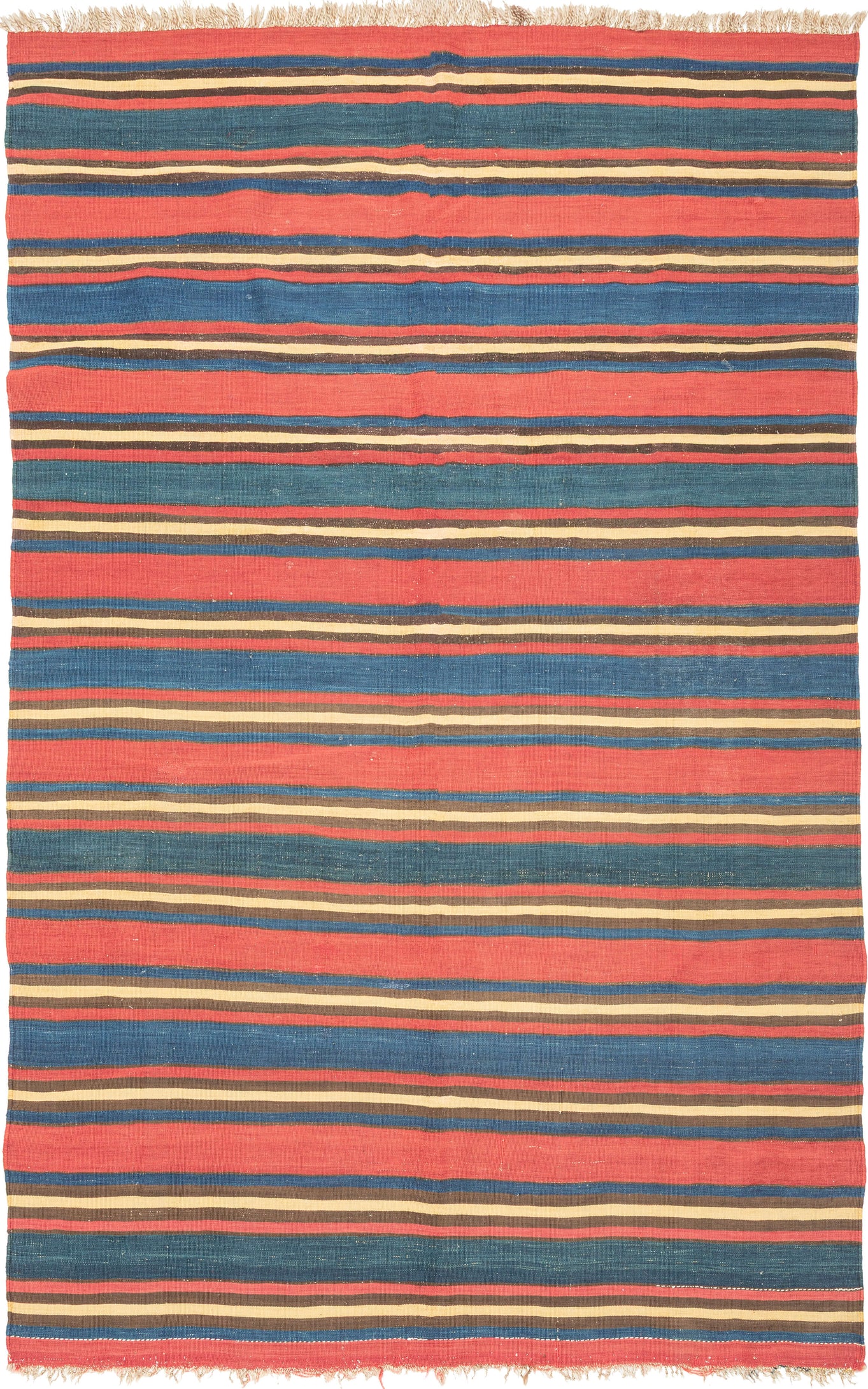 A striking example of simplicity elevated to art, this antique Shahsavan kilim reveals the timeless sophistication of stripe-based design. Its alternating bands of madder red, indigo blue, golden ochre, and earthy brown create a bold yet harmonious rhythm across the surface. The restrained palette and unbroken horizontality give the piece a modernist clarity that feels as relevant today as it did over a century ago.