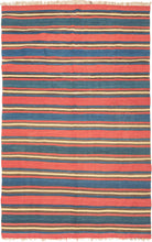 A striking example of simplicity elevated to art, this antique Shahsavan kilim reveals the timeless sophistication of stripe-based design. Its alternating bands of madder red, indigo blue, golden ochre, and earthy brown create a bold yet harmonious rhythm across the surface. The restrained palette and unbroken horizontality give the piece a modernist clarity that feels as relevant today as it did over a century ago.