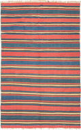 A striking example of simplicity elevated to art, this antique Shahsavan kilim reveals the timeless sophistication of stripe-based design. Its alternating bands of madder red, indigo blue, golden ochre, and earthy brown create a bold yet harmonious rhythm across the surface. The restrained palette and unbroken horizontality give the piece a modernist clarity that feels as relevant today as it did over a century ago.