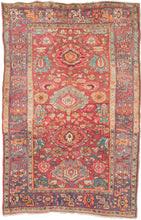 psychedelic bidjar It features large stylized palmettes that unfurl into the kaleidoscopic composition bursting with color, energy and charm. The jewel toned palette of is a saturated symphony of rose, coral, aqua, orange, butter and violet tones layered across a nicely abrashed red ground and framed by a dusty lavender border. A dense, hard wearing rug perfect for high traffic areas.