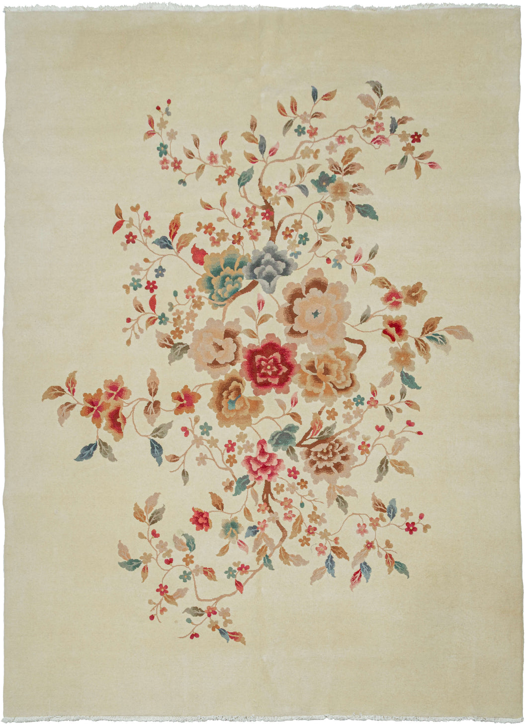 A luminous Chinese Art Deco rug with a spacious ivory field anchored by an asymmetrical flowering tree composition. Soft celadon, coral, blush, and muted gold tones float across the surface, creating an airy, painterly effect against the open ground.