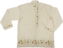 This elegant vintage Indian Kurta is crafted from soft, handwoven cotton in a natural cream tone, delicately embroidered with wildflower motifs in warm golden, green, and earthy brown tones. The floral embellishment flows organically along the hem, cuffs, and front placket, offering a refined yet joyful expression of traditional artistry.